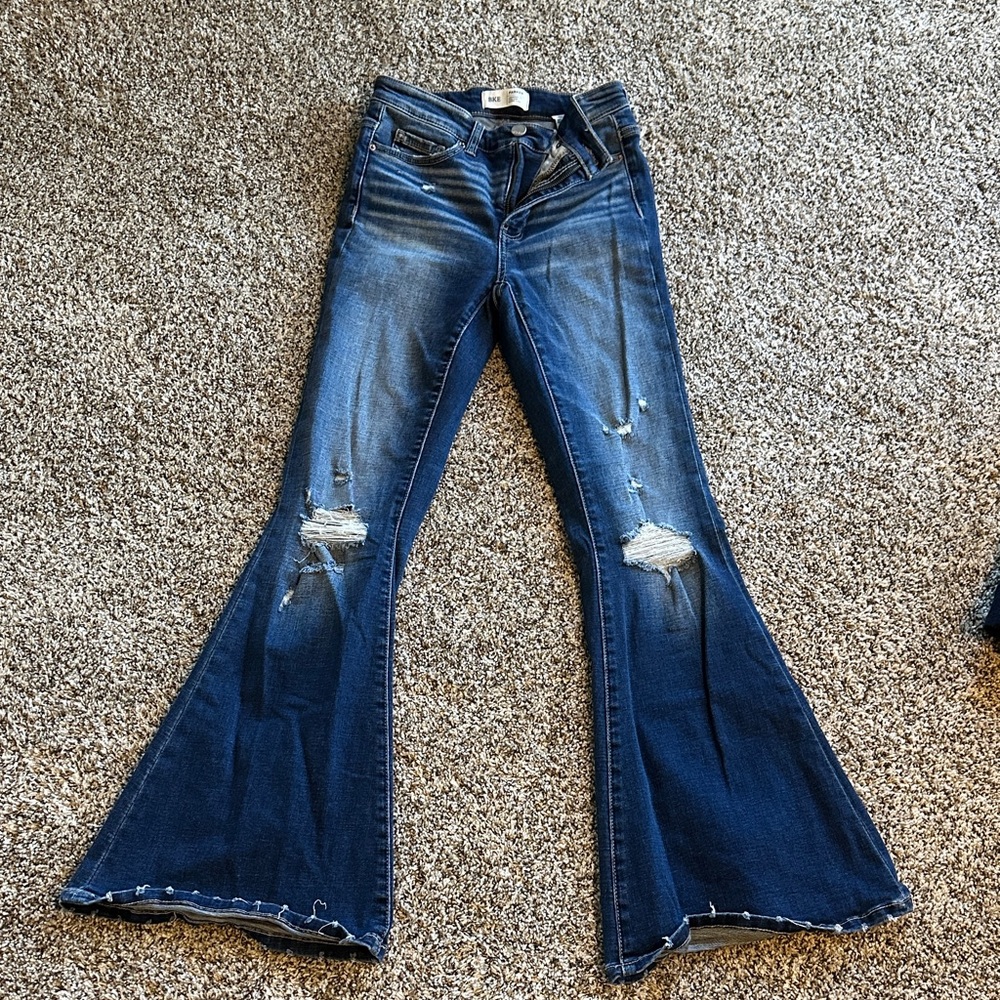BKE Distressed Flare Jeans in Dark Blue